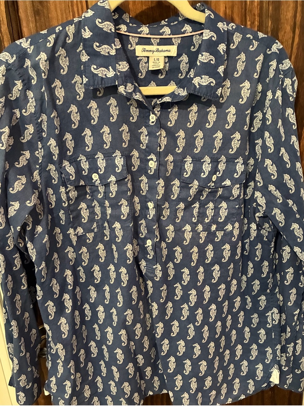 Tommy Bahama Navy Shirt with White Seahorse Print